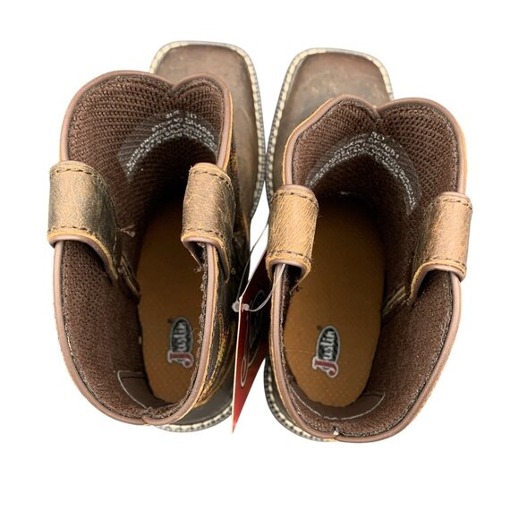 Justin Western Boots Kids Brown Leather Size 3D Rugged Tan Buffalo SK4681 - Picture 7 of 12